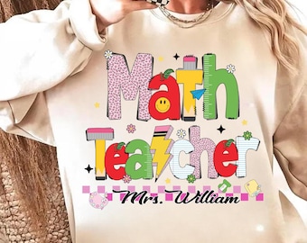Custom Name Math Teacher PNG, Back to School Math Teacher Design, Cute Preppy Teacher PNG, Math Classroom Digital Download, Sublimation File