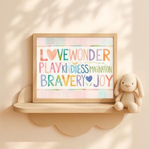 Colorful Nursery Wall Art Printable | Kids Room Inspirational Words Poster | Love Kindness Play Joy Quote | 24x18 Digital Download