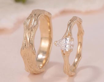Minimalistische solitaire Moissaniet paar ring set natuur geïnspireerde tak band schors patroon gouden ring handgemaakte heren vrouwen huwelijksbelofte cadeau