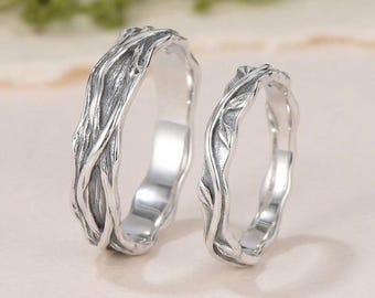 Vintage handgemaakte tak paar ring set unieke tweekleurige boom textuur eeuwigheid liefde ring art deco aangepaste robuuste band paar jubileum cadeau