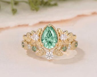 Op de natuur geïnspireerd vuurwerk gesneden groene saffier verlovingsring set 2 stuks bladbloem jungle groen sieraden moissaniet gepersonaliseerd bruidscadeau