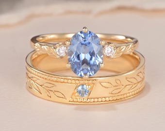 2Pcs Vintage Engraved Solid Gold Couple Rings Cornflower Sapphire Three Stone Nature Inspired Ring Women Art Deco Milgrain Mens Wedding Band