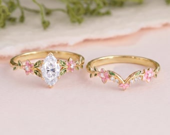 Nature Inspired Marquise Moissanite Engagement Ring Set Dainty Enamel Leaf Floral Enamel Engraved Cherry Blossom Custom Wedding Rings 2pcs
