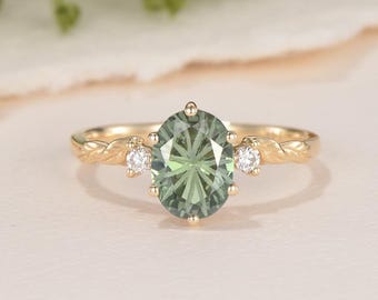 Blad vuurwerk gesneden ovale groene saffier verlovingsring geelgouden sierlijke wijnstok gegraveerde Moissanite cluster drie stenen ring belofte cadeau
