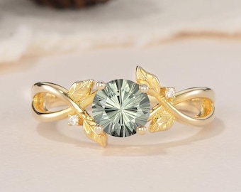 Vuurwerk gesneden ronde groene saffier verlovingsring geel goud uniek blad gegraveerd Moissanite twist natuur geïnspireerd band belofte cadeau vrouwen