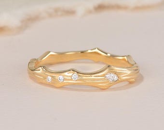 Tak textuur Orion geïnspireerd ronde marquise Moissaniet trouwring geelgouden unieke bruidsring natuur vervaardigde geboortesteen stapelring