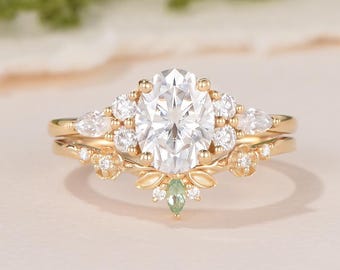 Op de natuur geïnspireerde moissaniet verlovingsring set sierlijke marquise groene saffier gebogen trouwring diamant geboortesteen cadeau voor vrouwen 2 stuks