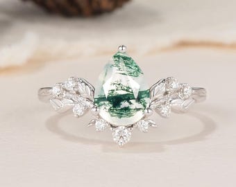 Top peer gesneden mos agaat verlovingsring vintage Moissaniet cluster blad natuur geïnspireerd tak gebogen band handgemaakte sieraden verjaardag cadeau