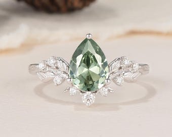 Vintage blad gebogen trouwring vrouwen sierlijke Moissaniet natuur geïnspireerd gegraveerde match gestapelde ring aangepaste sieraden geboortesteen belofte cadeau