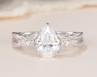 Minimalistische twist peer Moissaniet verlovingsring witgouden bloem gegraveerd op de natuur geïnspireerd aangepaste sieraden geboortesteen belofte cadeau voor haar