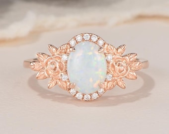 Vintage ovale opaal verlovingsring roségoud unieke Moissaniet halo gegraveerde bloem blad natuur geïnspireerde ring aangepaste sieraden cadeau voor vrouwen