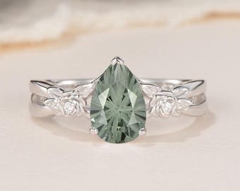 Sierlijk vuurwerk gesneden groenblauw groene verlovingsring witgoud Moissanietbloem gegraveerd op de natuur geïnspireerd aangepaste sieraden Dagelijks Jubileumcadeau