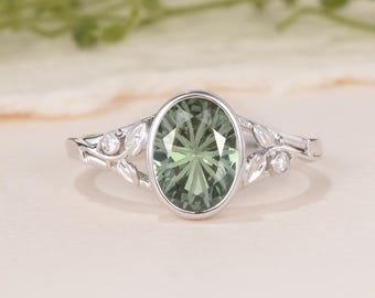 Natuur geïnspireerde groene saffier bezel verlovingsring witgoud Moissaniet blad wijnstok gegraveerde band vrouwen drie stenen ring handgemaakte gouden cadeau