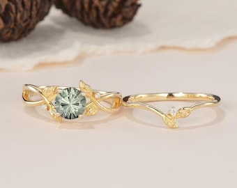 2 stuks vuurwerk gesneden groene saffier verlovingsring set minimalistisch gegraveerd blad twist Moissanite stapel match natuur geïnspireerd cadeau voor vrouwen