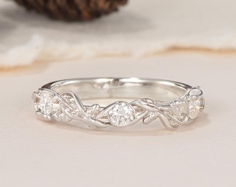 Sierlijke Moissaniet trouwring witgoud vintage gegraveerd blad natuur geïnspireerd match stapelring Art Deco aangepaste sieraden geboortesteen cadeau