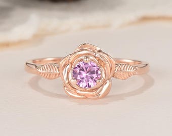 Vintage roze saffierroos verlovingsring unieke bloem op de natuur geïnspireerde solitaire ring sierlijke geboortesteen sieraden handgemaakt jubileumcadeau