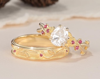 2st Moissaniet natuur geïnspireerde paar ring set unieke robijn cluster bloem blad reliëf heren trouwring split band geboortesteen aangepaste cadeau