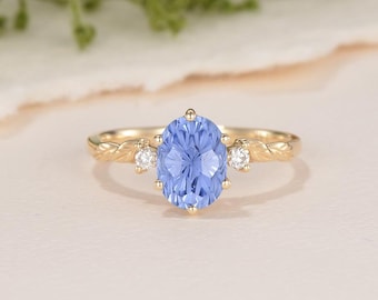 Bladband vuurwerk korenbloem saffier verlovingsring drie stenen moissaniet wijnstok gegraveerd op de natuur geïnspireerd unieke trouwring belofte cadeau