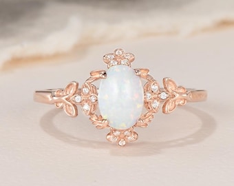 Vintage Ovaal Opaal Verlovingsring Geel goud Sierlijk Moissaniet Bloemencluster Gegraveerd Vlinder Band Dagelijkse sieraden Belofte Cadeau voor haar