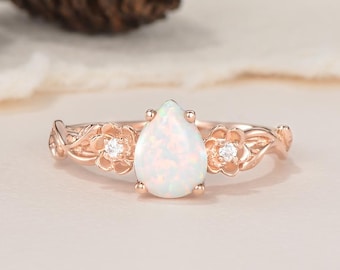 Bloemen vintage peer geslepen opaal verlovingsring unieke moissaniet bloem gegraveerde natuur drie stenen ring handgemaakte aangepaste geboortesteen ring cadeau