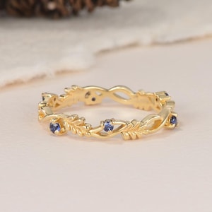 Gold Oak Blue Sapphire Leaf Twist Wedding Band Yellow Gold Nature Inspired Bridal Ring Unique Handcrafted Eternity Band Couple Ring For Her