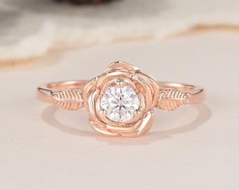 Vintage bloem Moissaniet verlovingsring Rose goud vintage blad gegraveerd op de natuur geïnspireerd minimalistische aangepaste geboortesteen verjaardag cadeau