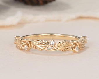 Sierlijke Moissaniet-trouwring uniek gegraveerd op de natuur geïnspireerd eikenblad RingMatch gestapeld aangepaste geboortesteen handgemaakt cadeau voor hem en haar