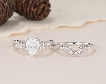 2 stuks blad bloemen peer moissaniet bruids set witgoud twist band vintage reliëf natuur geïnspireerd gebogen trouwring geboortesteen aangepaste ring