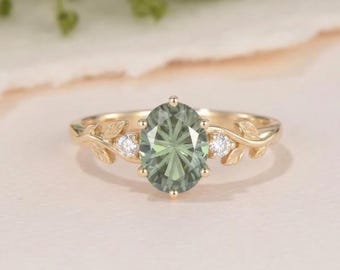 Minimalistische groene saffier vuurwerk gesneden verlovingsring natuur geïnspireerd drie stenen gegraveerde blad band vintage wijnstok geboortesteen bruid haar cadeau