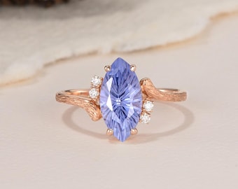 Marquise Vuurwerk Gesneden Korenbloem Saffier Geborsteld Tak Verlovingsring Cluster Moissaniet Wijnstokblad Vintage Starbrite Natuur geïnspireerd