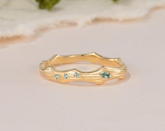 Vintage tak textuur Marquise ronde groene saffier trouwring unieke bijpassende geelgouden stapelen band geboortesteen ring cadeau voor haar
