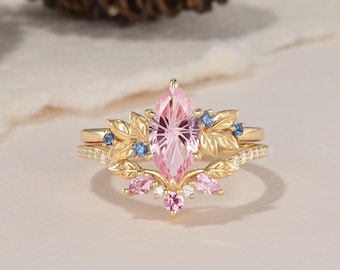 2 stuks op sprookjes geïnspireerde marquise vuurwerk gesneden roze saffier bruidsring set roze en korenbloem blauwe saffier geboortesteen blad gebogen band