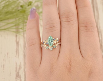 Blad bloemen marquise vuurwerk gesneden groene saffier 2 stuks bruids set korenblauwe saffier aangepaste geboortesteen gebogen saffier trouwring