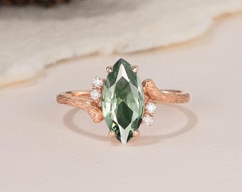 Unieke geborstelde tak Marquise groene saffier verlovingsring massief gouden cluster Moissanite Vine Leaf Ring natuur geïnspireerde bruidsring