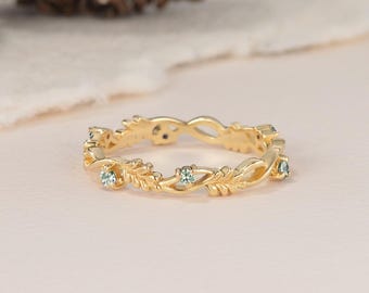 Vintage eikenblad groene saffier twist trouwring aangepaste geboortesteen natuur geïnspireerde bruids ring unieke volledige eeuwigheid band belofte ring cadeau