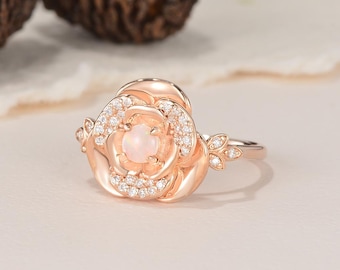 Vintage bloem opaal verlovingsring roségoud unieke Moissaniet cluster blad natuur geïnspireerd aangepaste sieraden geboortesteen belofte cadeau voor haar