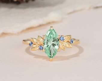 Vintage blad Marquise vuurwerk gesneden groene saffier verlovingsring ronde korenbloem blauwe saffier band unieke geboortesteen groene edelsteen ring vrouwen