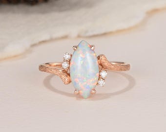 Geborstelde tak marquise geslepen opaal verlovingsring vintage roségouden cluster moissaniet wijnstokblad ring natuur geïnspireerde trouwring voor vrouwen
