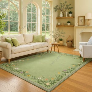 Hand Tufted Floral Border Rug, Green Botanical Area Carpet, Cottage core Living Room Décor, Elegant Nature Inspired Home Accent