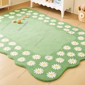 Hand Tufted Daisy Flower Rug, Green Kids Room Carpet, Floral Nursery Mat, Scalloped Edge Playroom Décor, Soft Cute Area Rug class room rug
