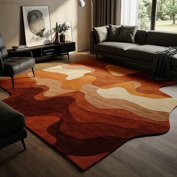 Hand Tufted Abstract Earth Tone Rug – Modern Wave Design Area Carpet, Luxury Contemporary Living Room Rug, Artistic Home Décor custom tufted