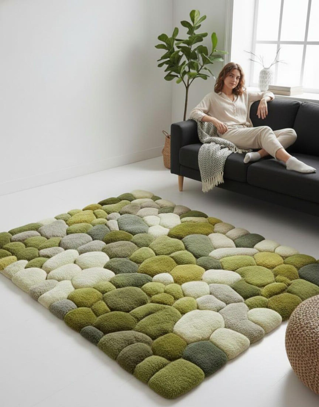 Hand Tufted Moss Pebble Rug – 3D Green Organic Area Rug, Nature ...