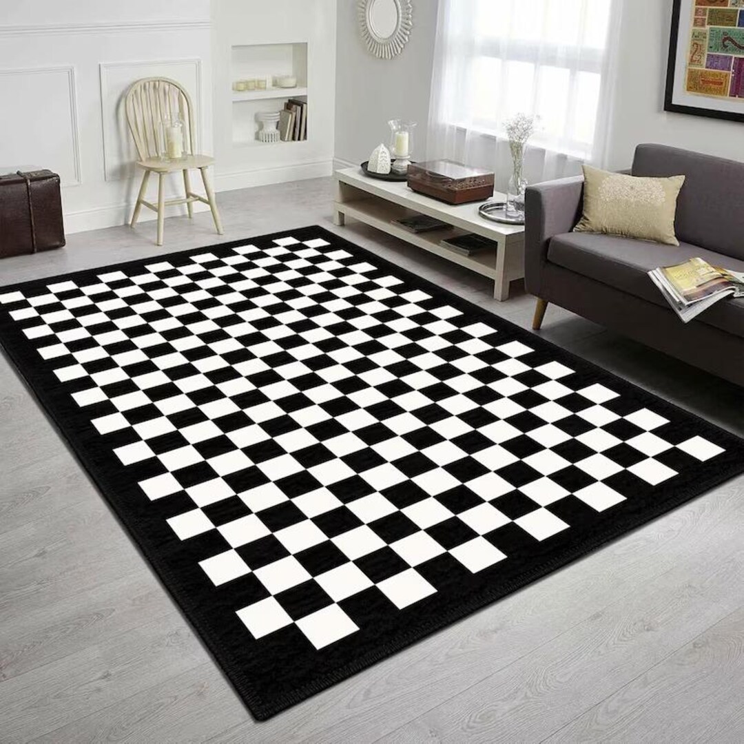 Black & White Checkerboard Rug | Modern Chessboard Pattern Carpet ...