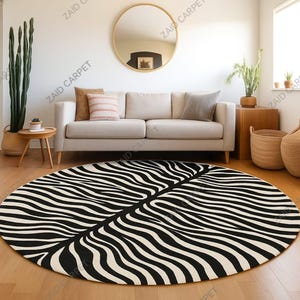Round Zebra Print Hand Tufted Rug, Modern Black and White Area Rug, Animal Pattern Living Room Decor, Contemporary Statement Carpet