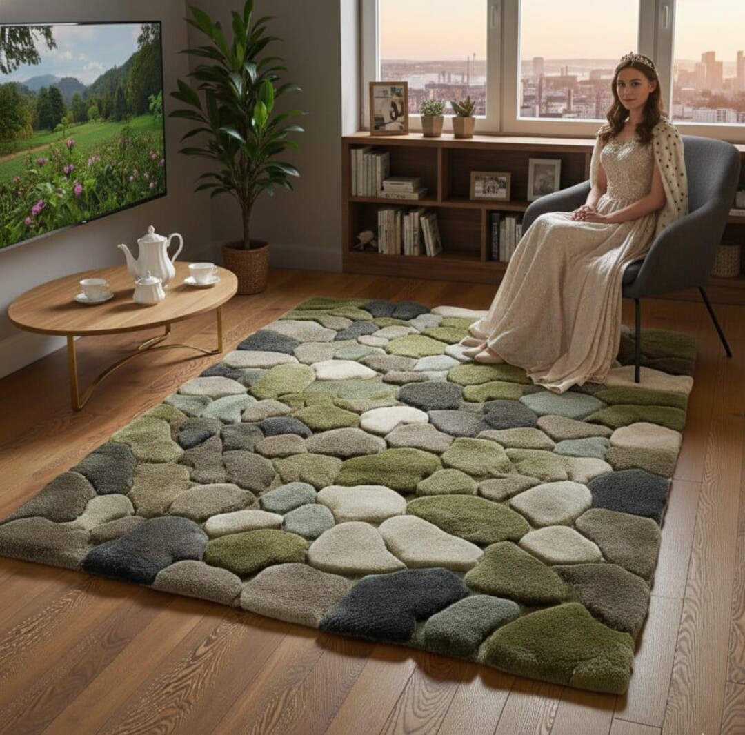 Hand Tufted Moss Pebble Rug – Green Stone Texture Area Rug, Nature ...