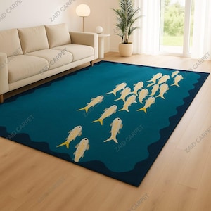 Blue Fish Hand Tufted Rug, Ocean Theme Kids Area Carpet, Nautical Living Room Décor, Playroom Accent Mat, Unique Custom Rug by Zaid Carpet