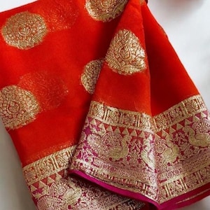 Viscose Georgette Saree: Zari Embroidery, Peacock Jacquard Border