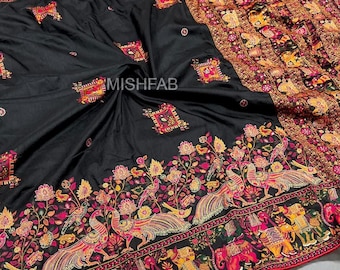 Rajwadi Pashmina Seide Saree, Zari Weben Pallu mit Handgefertigten, Seide Saree, Kontrast Butti Bluse, traditionelle indische Hochzeit Saree