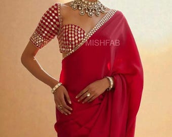 French Crape Silk Saree, Real Mirror Work Border, Unstitched Blouse