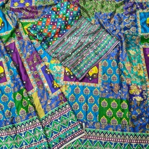 Sari de seda multicolor, elegante sari con estampado artístico y adorno de espejo real, sari con estampado de diseñador para mujer.